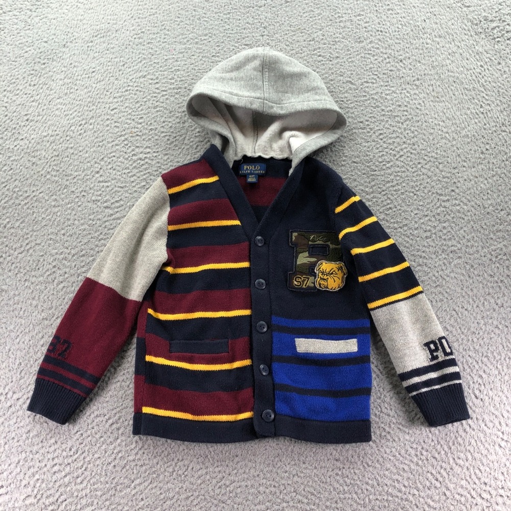 Polo Ralph Lauren Sweater Boys 4T Hood Knit Cardigan Bulldog Patchwork Letterman